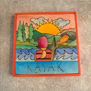 Sticks Folk Art Wood Wall Hanging Kayak Scene Sun River Trees Lake Cabin Decor